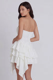 White Tiered A Line Ruffled Strapless Graduation Dress