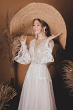 A Line Lace Top Flare Sleeves Open Back Wedding Dress