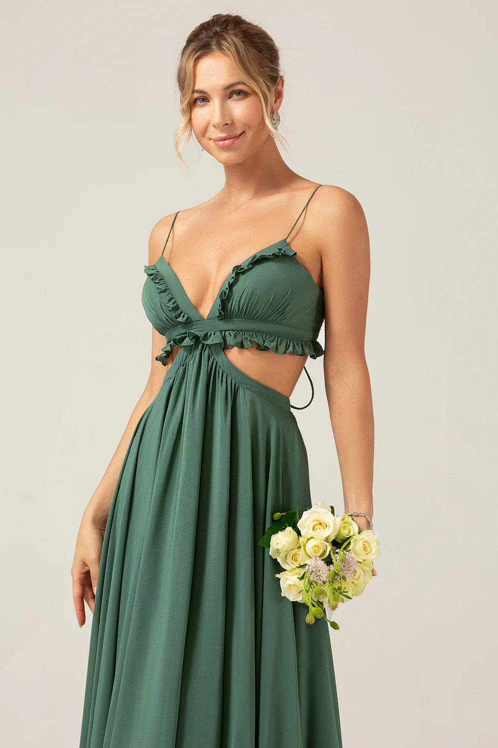 A Line Spaghetti Straps Backless Chiffon Eucalyptus Long Bridesmaid Dress
