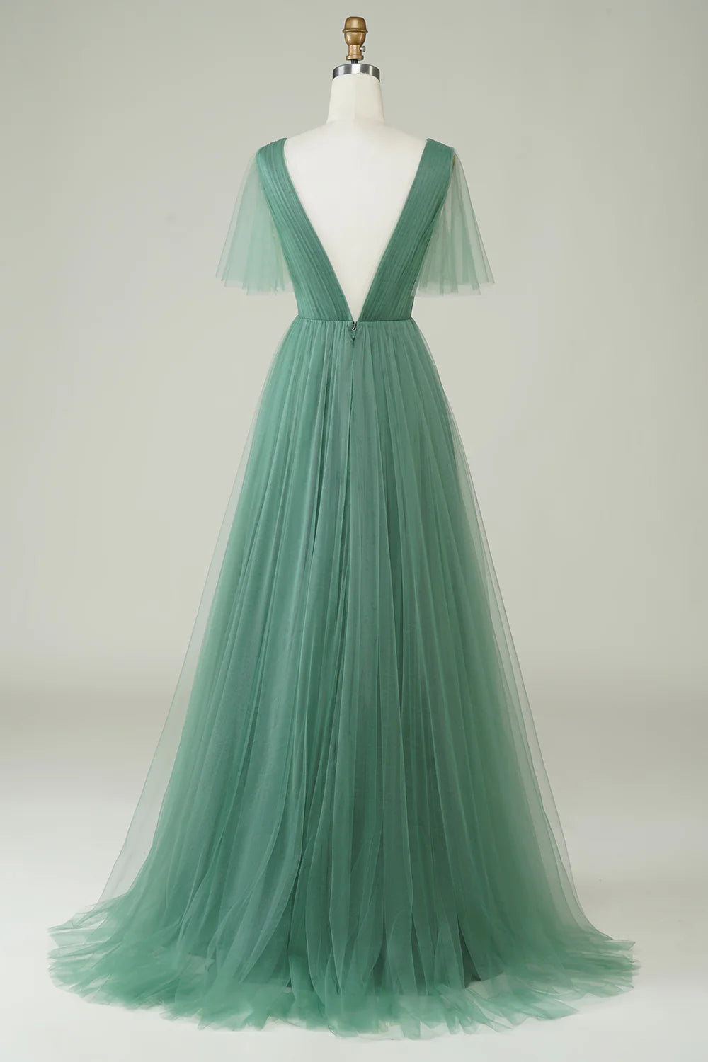 Eucalyptus A Line V Neck Open Back Floor Length Tulle Bridesmaid Dress
