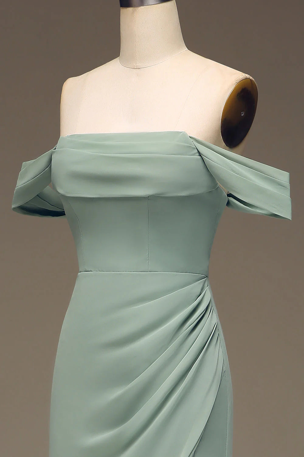 Dusty Sage Sheath Off the Shoulder Pleated Long Chiffon Bridesmaid Dress With Slit