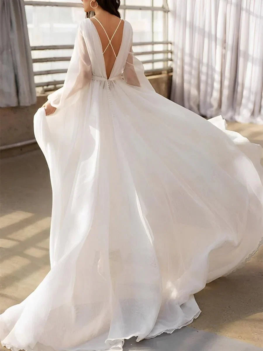 A Line Illusion Neck Long Sleeves Sweep Train Organza Wedding Dresses
