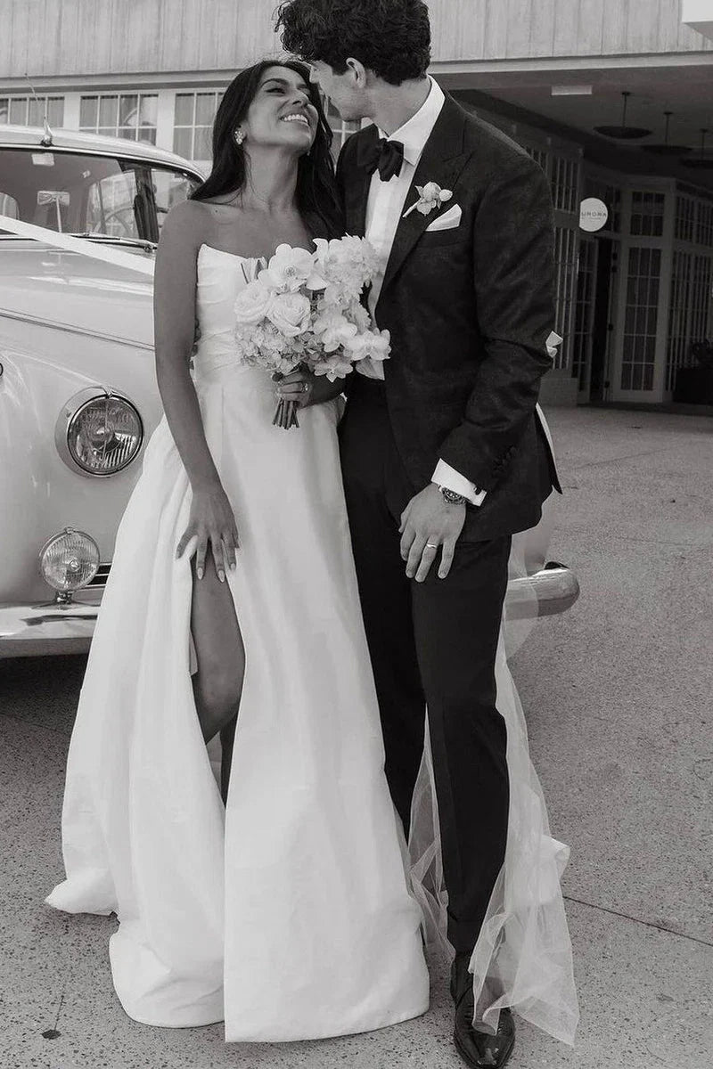 A Line White Satin Strapless Wedding Dresses with Slit