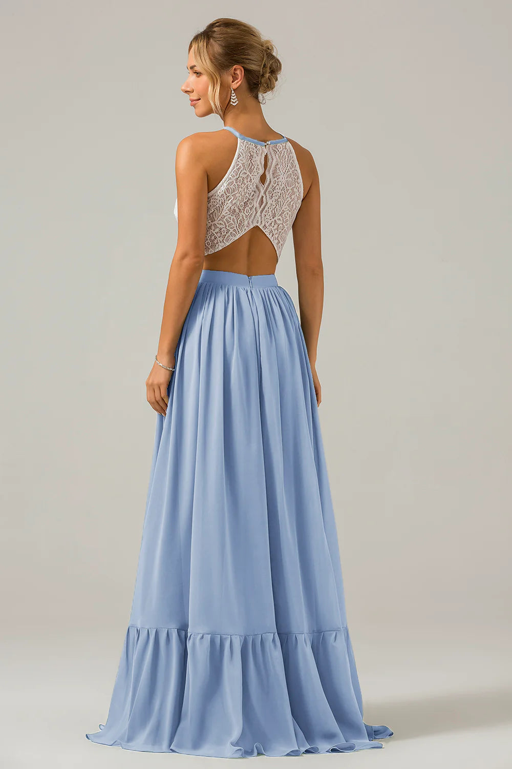A Line Halter Pleated Keyhole Chiffon Bridesmaid Dress With Lace