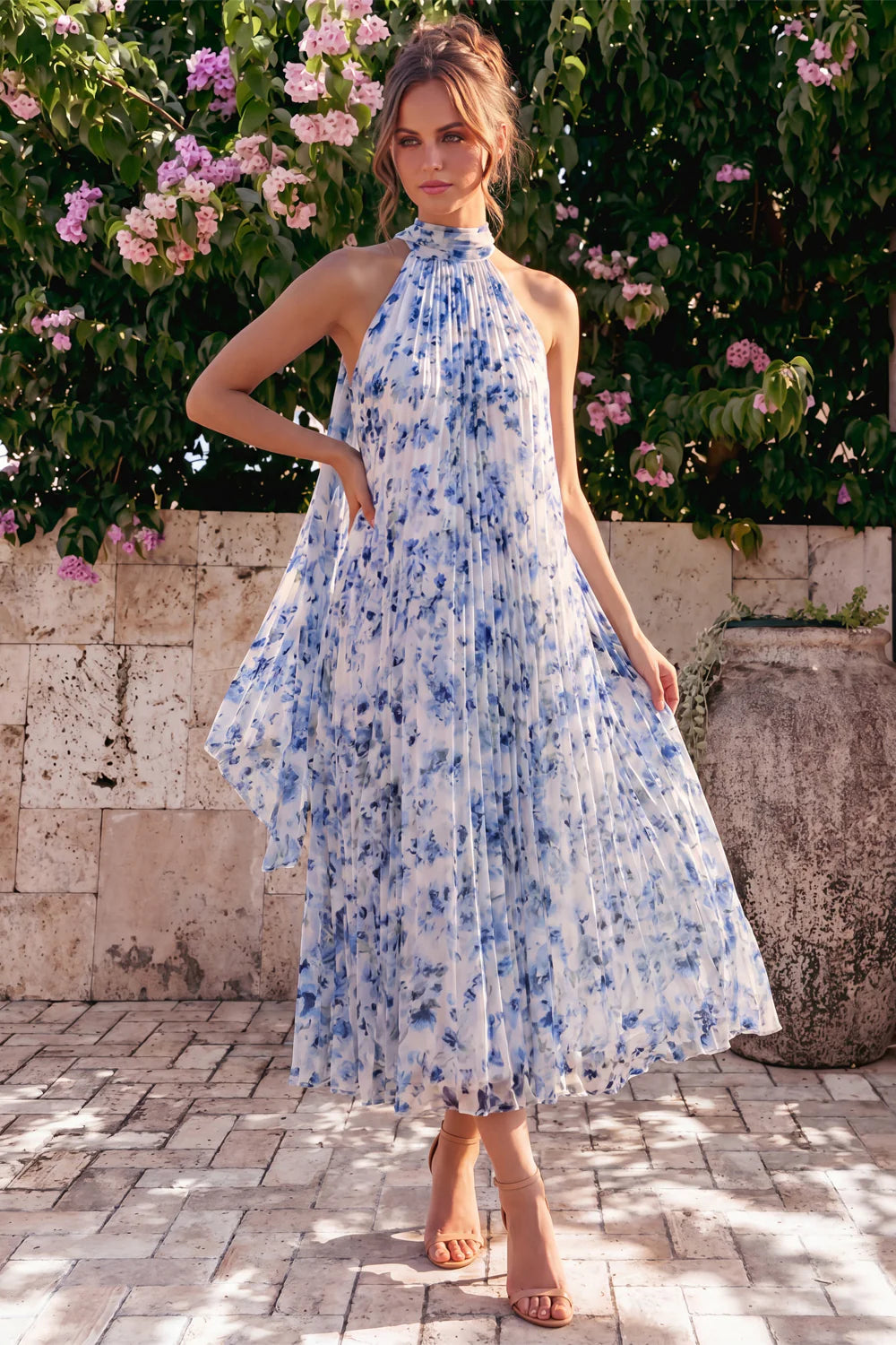 Blue Floral A Line Halter Pleated Wedding Guest Dress