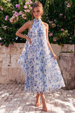 Blue Floral A Line Halter Pleated Wedding Guest Dress
