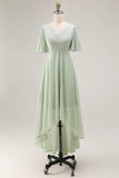 Sage Green A Line Chiffon Pleated High Low Bridesmaid Dress with Short Sleeves