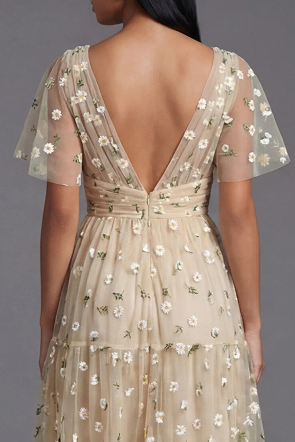 Floral Champagne A Line Wedding Guest Dress with Short Sleeves