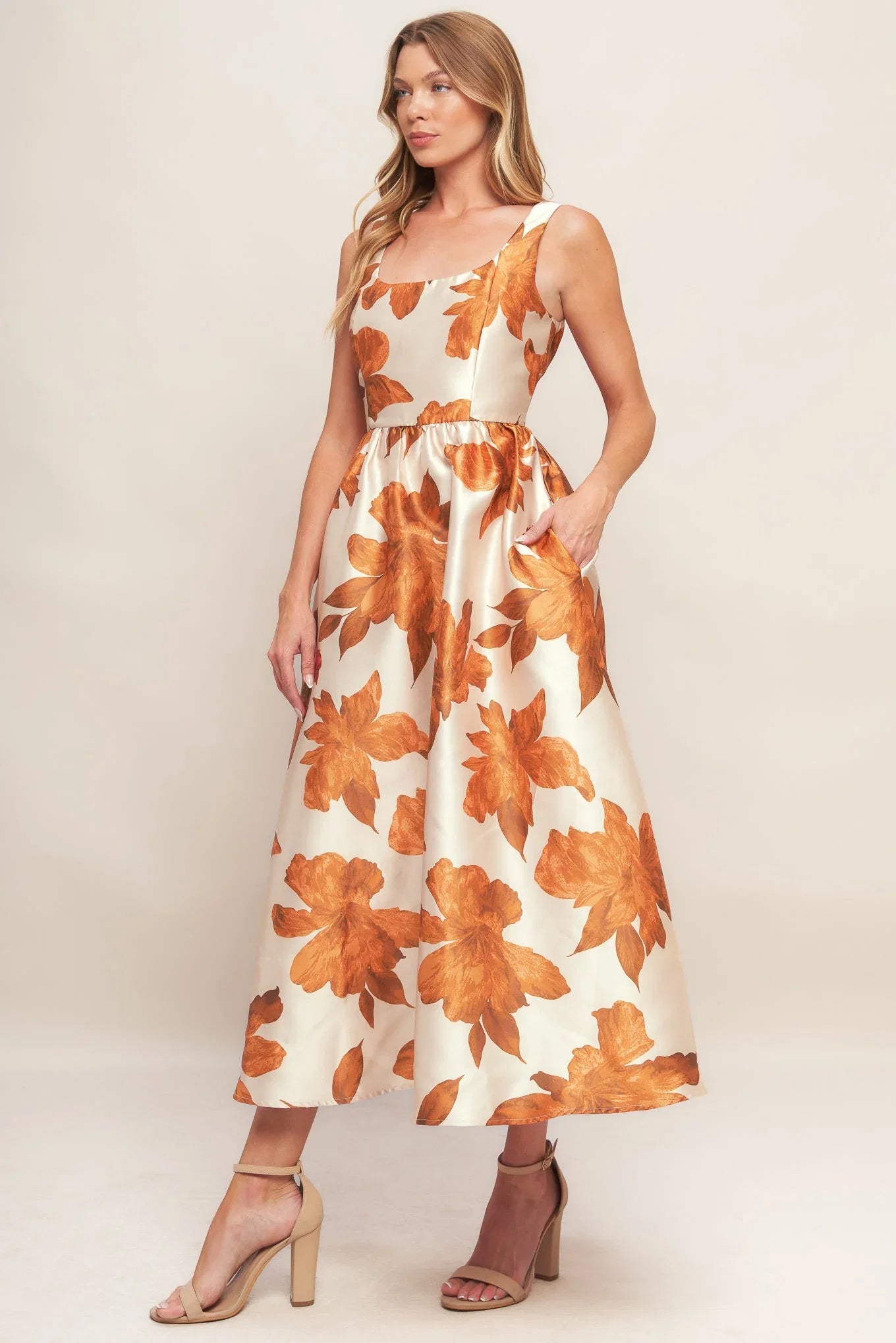 FALL FLORAL SATIN MIDI DRESS RUST