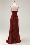 Burgundy Mermaid Corset Streamer Velvet Burnout Long Bridesmaid Dress with Slit