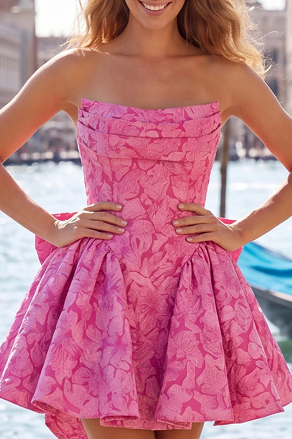 Strapless A Line Jacquard Bow Blue Homecoming Dress with Lace Up Back