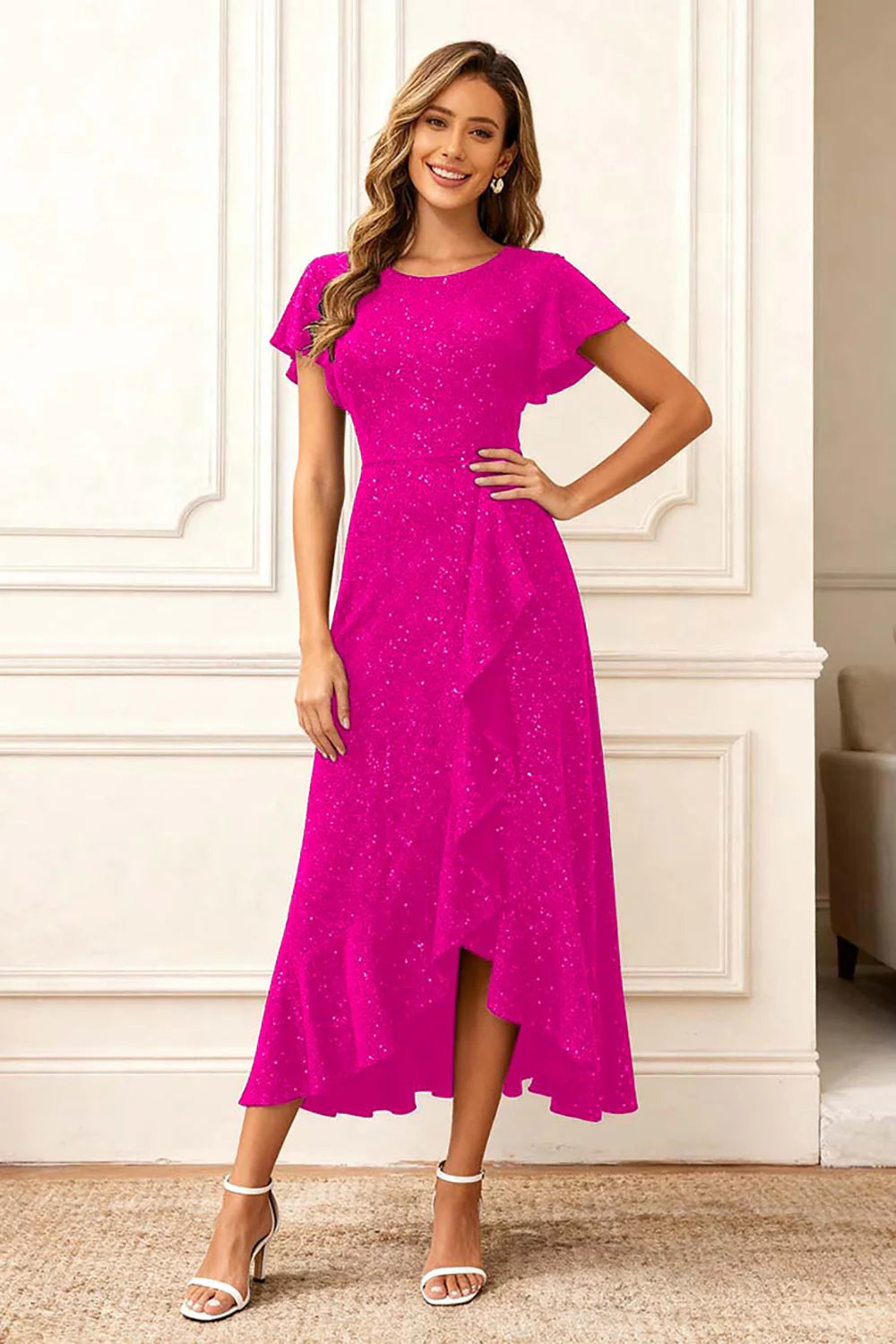 Glitter Black A Line Round Neck Ruffled Holiday Party Dress