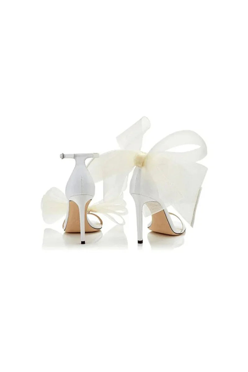 Asymmetric Bow Embellished Satin High Heel Sandals