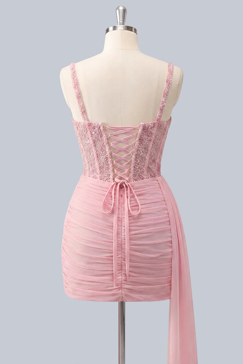 Pink Bodycon Ruched Beaded Corset Homecoming Dress with Sash