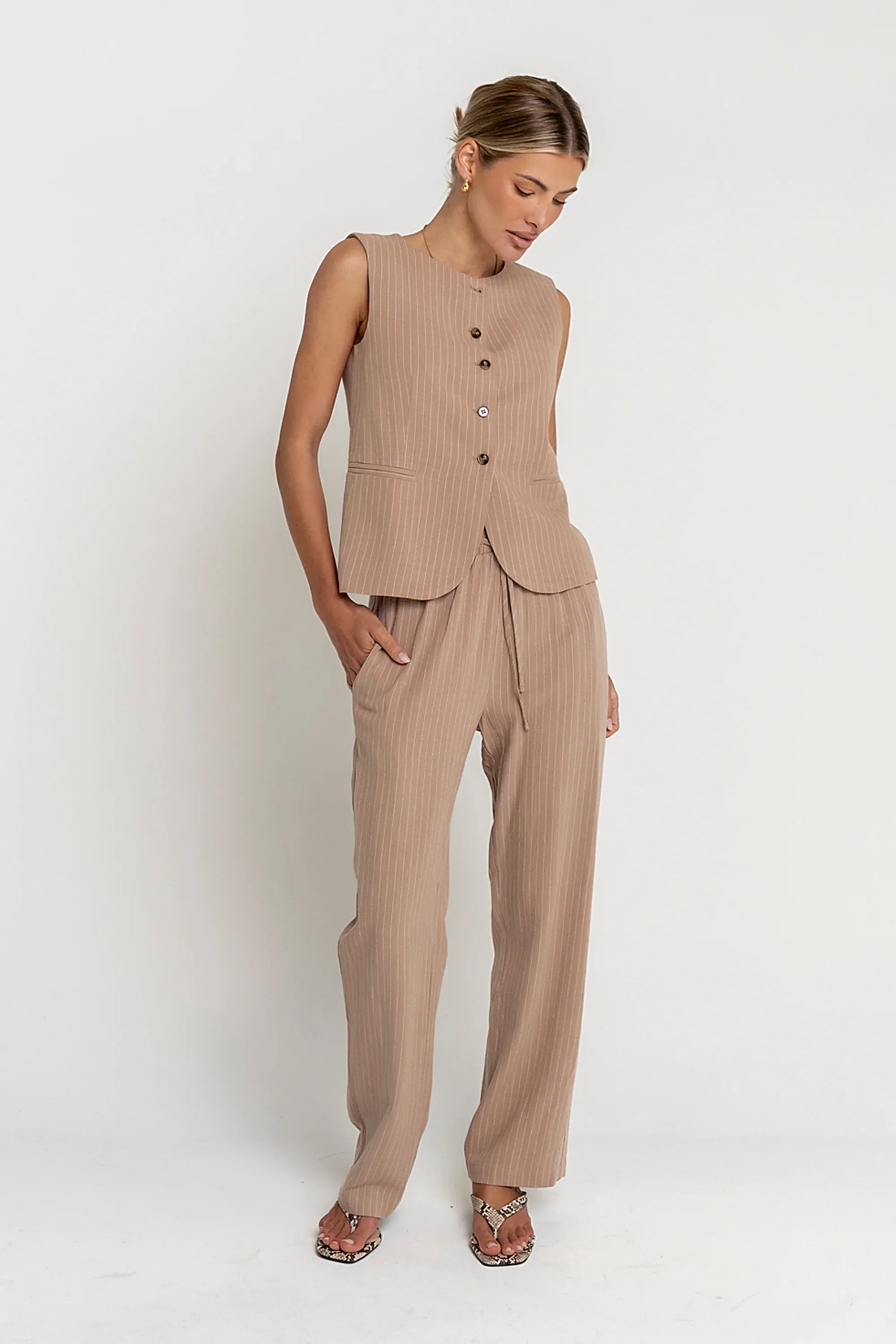 Vivienne Pinstripe Wide Leg Pants in Tan