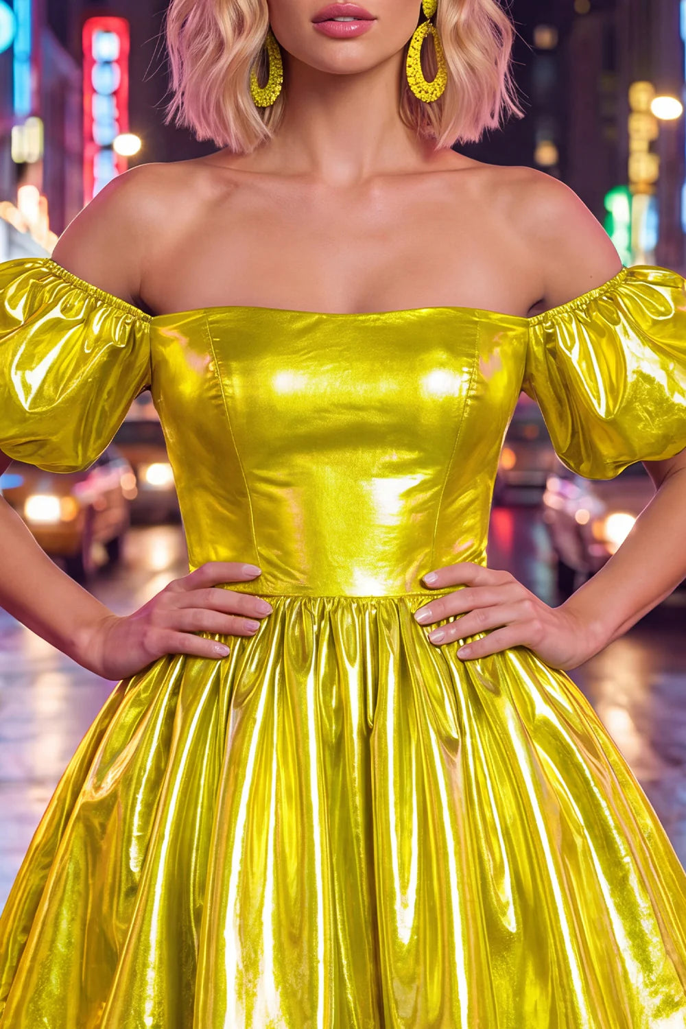 Fuchsia Metallic Off the Shoulder A Line Homecoming Dress with Puff Sleeves