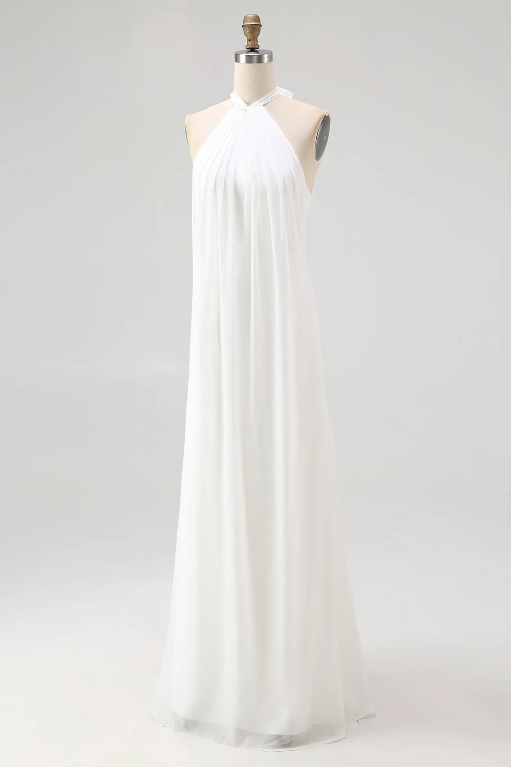 A Line Simple White Halter Long Engagement Dress