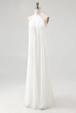 A Line Simple White Halter Long Engagement Dress