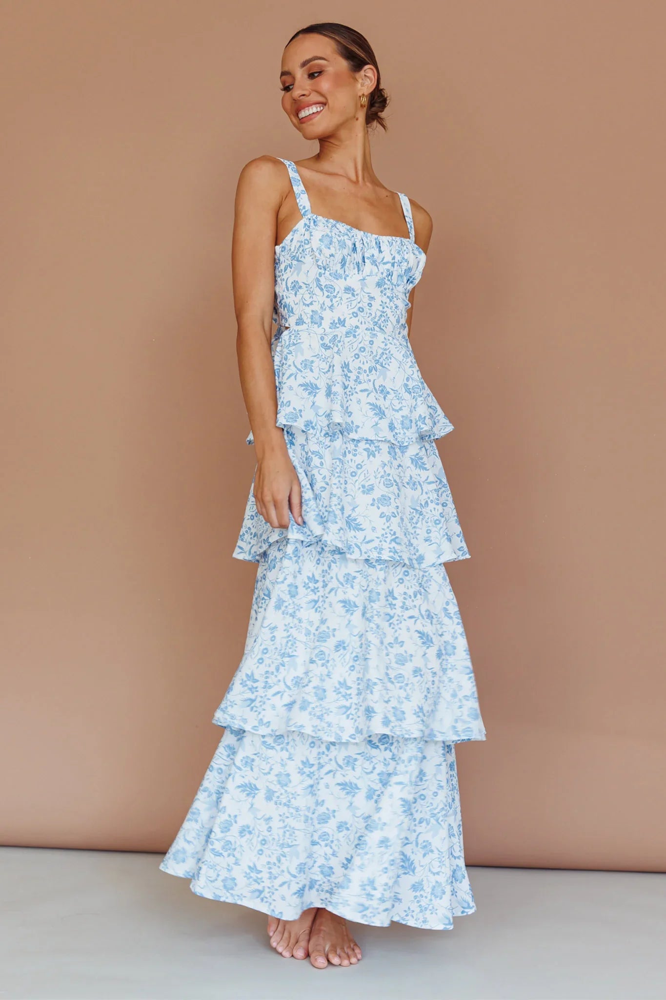 Molly Maxi Dress Blue Floral Tiered Dress with Bow