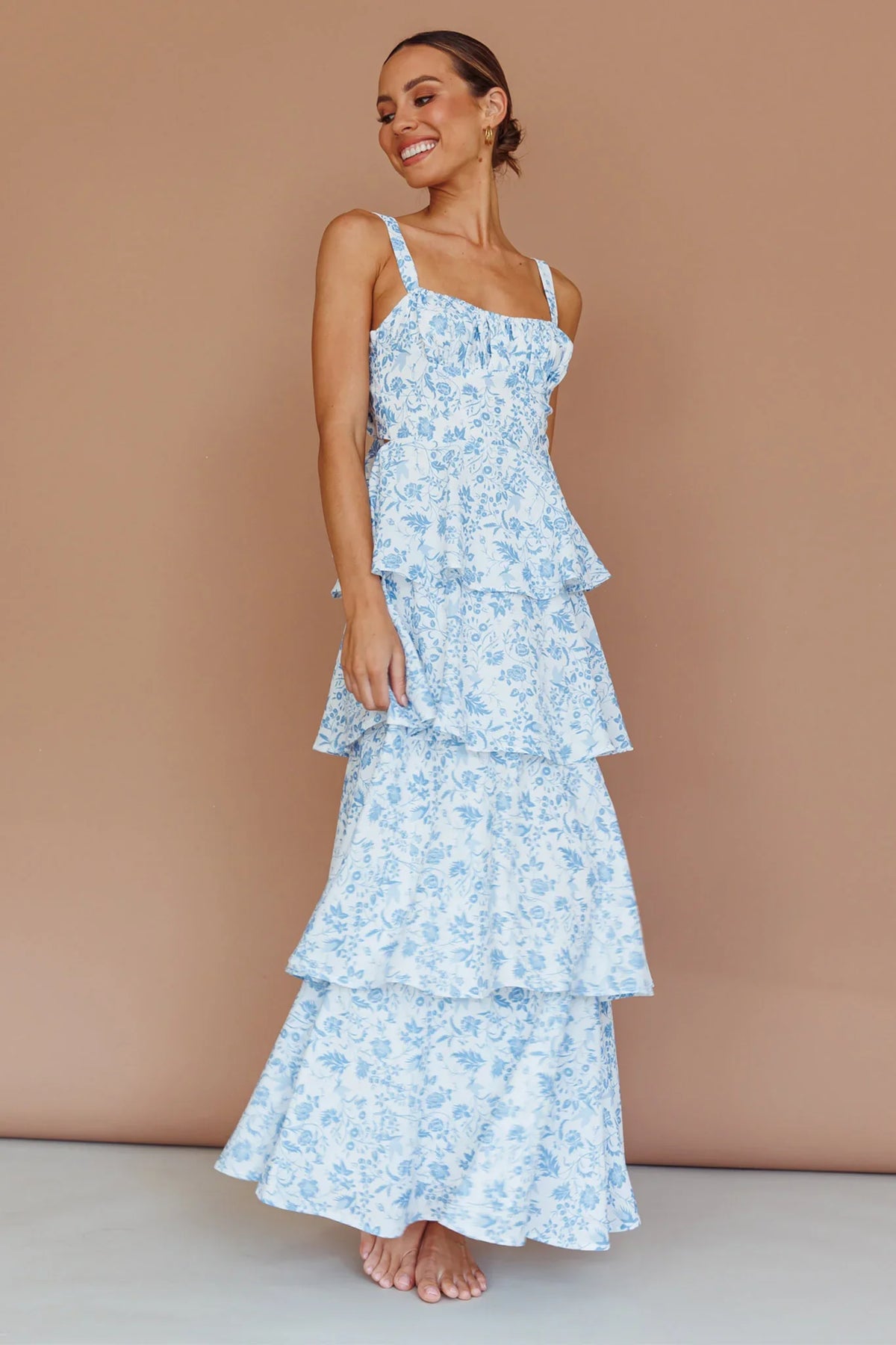 Molly Maxi Dress Blue Floral Tiered Dress with Bow