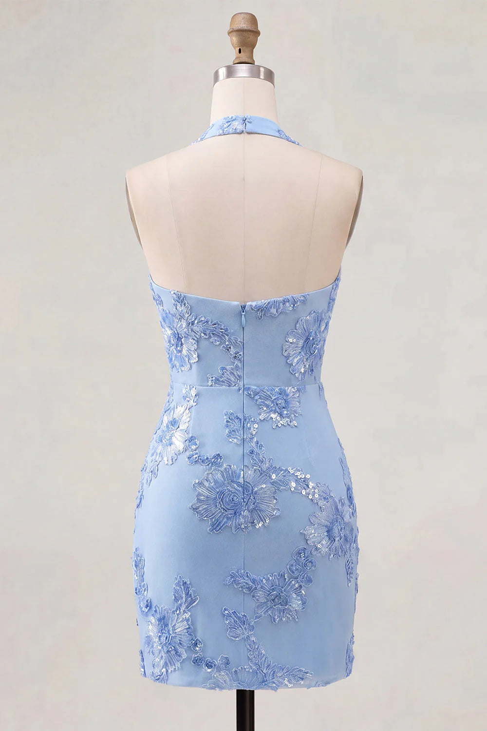 Light Blue Halter Bodycon Floral Short Homecoming Dress