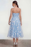 Strapless Floral Blue A Line Wedding Guest Dress