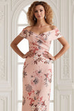 Off The Shoulder Sheath Blush Floral Print Long Satin Wedding Guest Dress with Back Slit