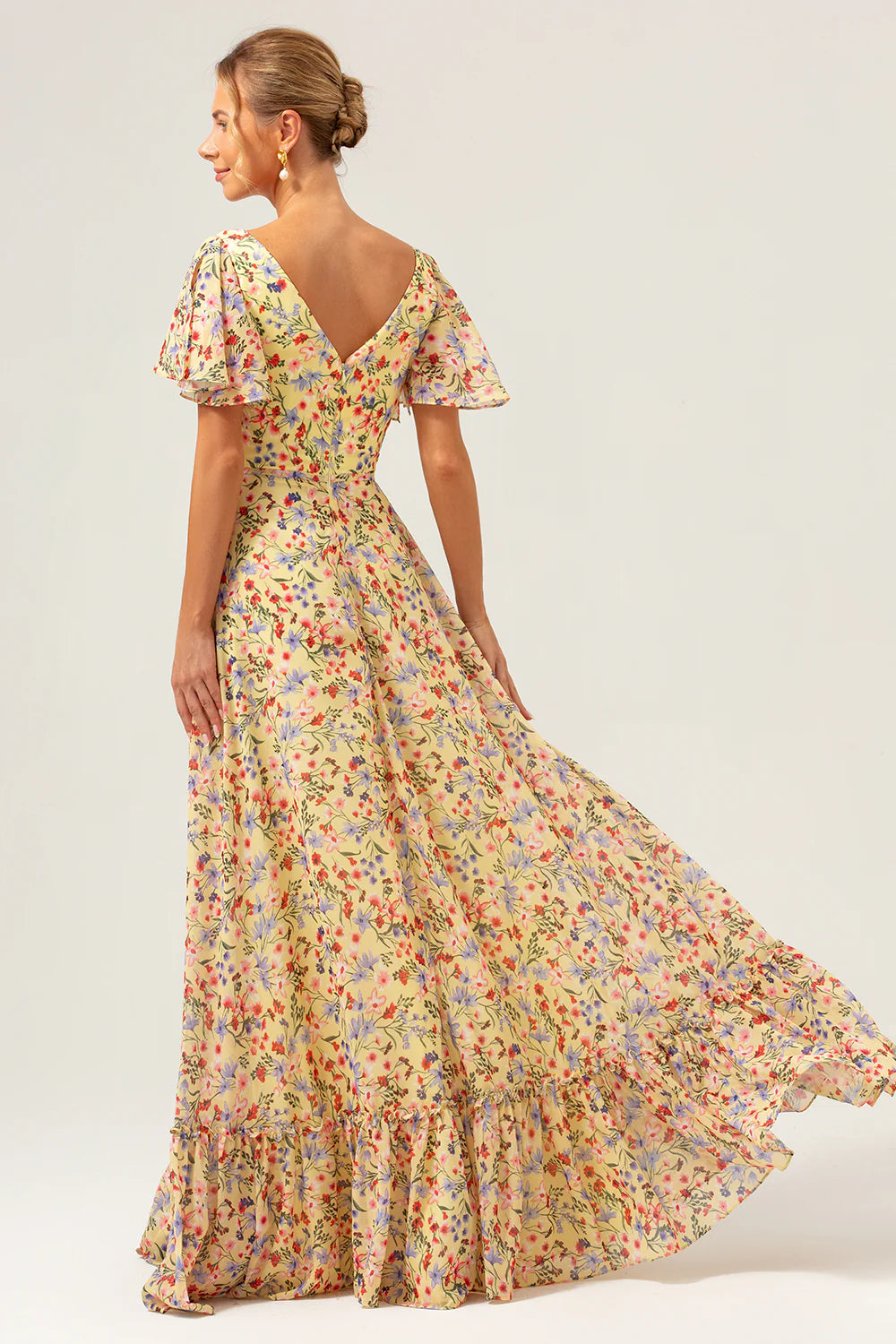 Yellow Flower Printed A Line Chiffon Long Bridesmaid Dress with Short Sleeves