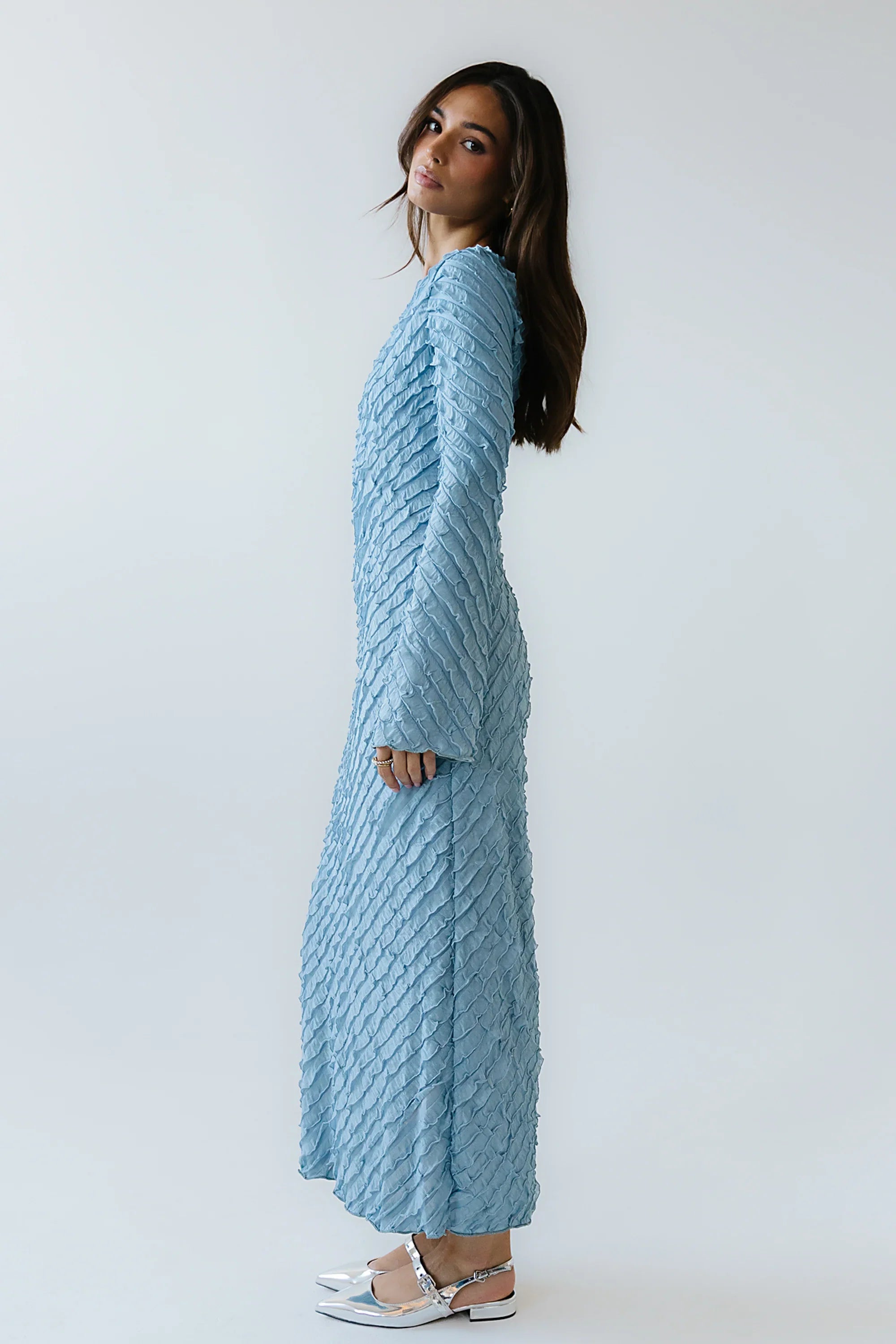 Bell Ruffle Maxi Dress in Blue
