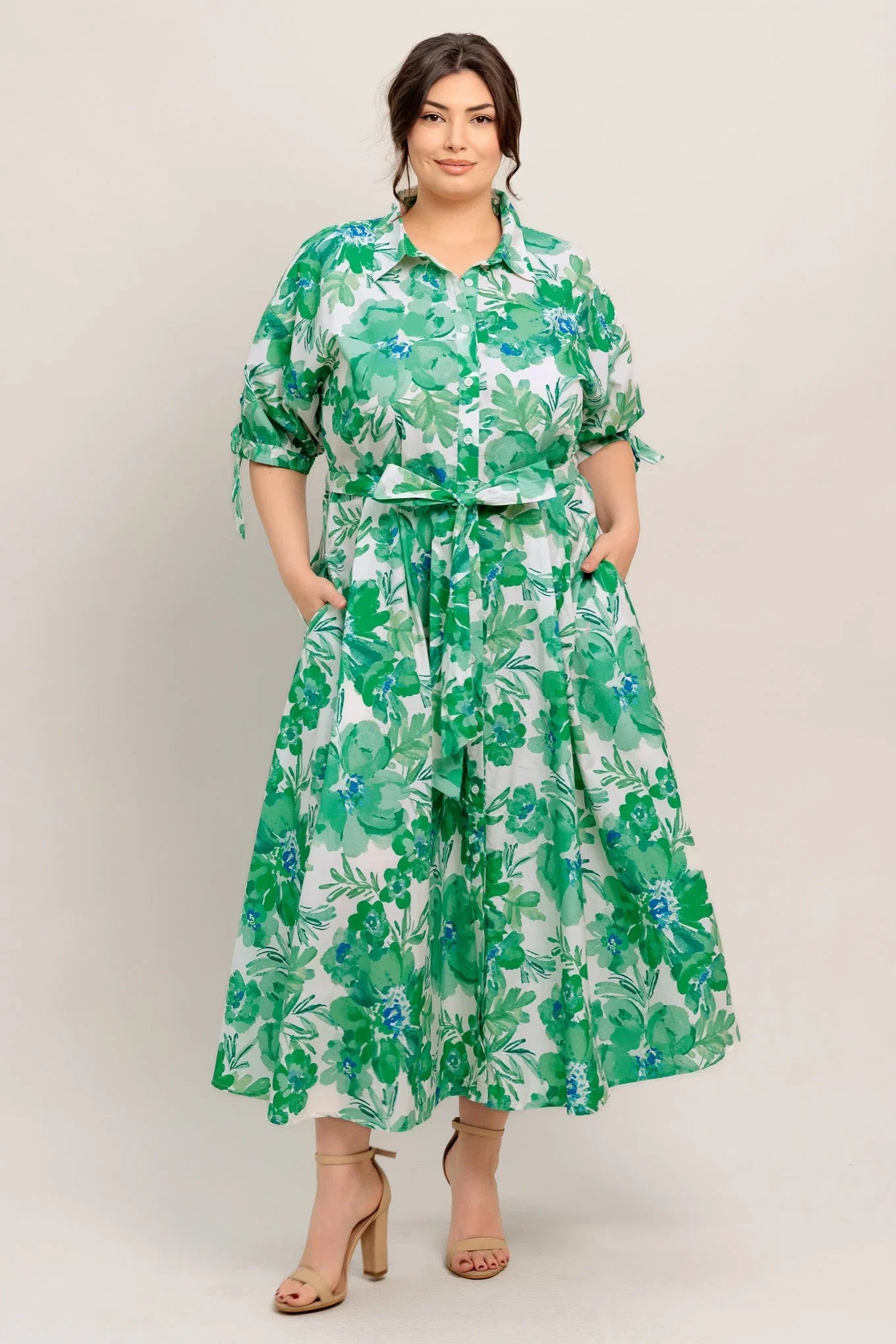 SIMPLY IN BLOOM GREEN FLORAL MIDI SHIRT DRESS