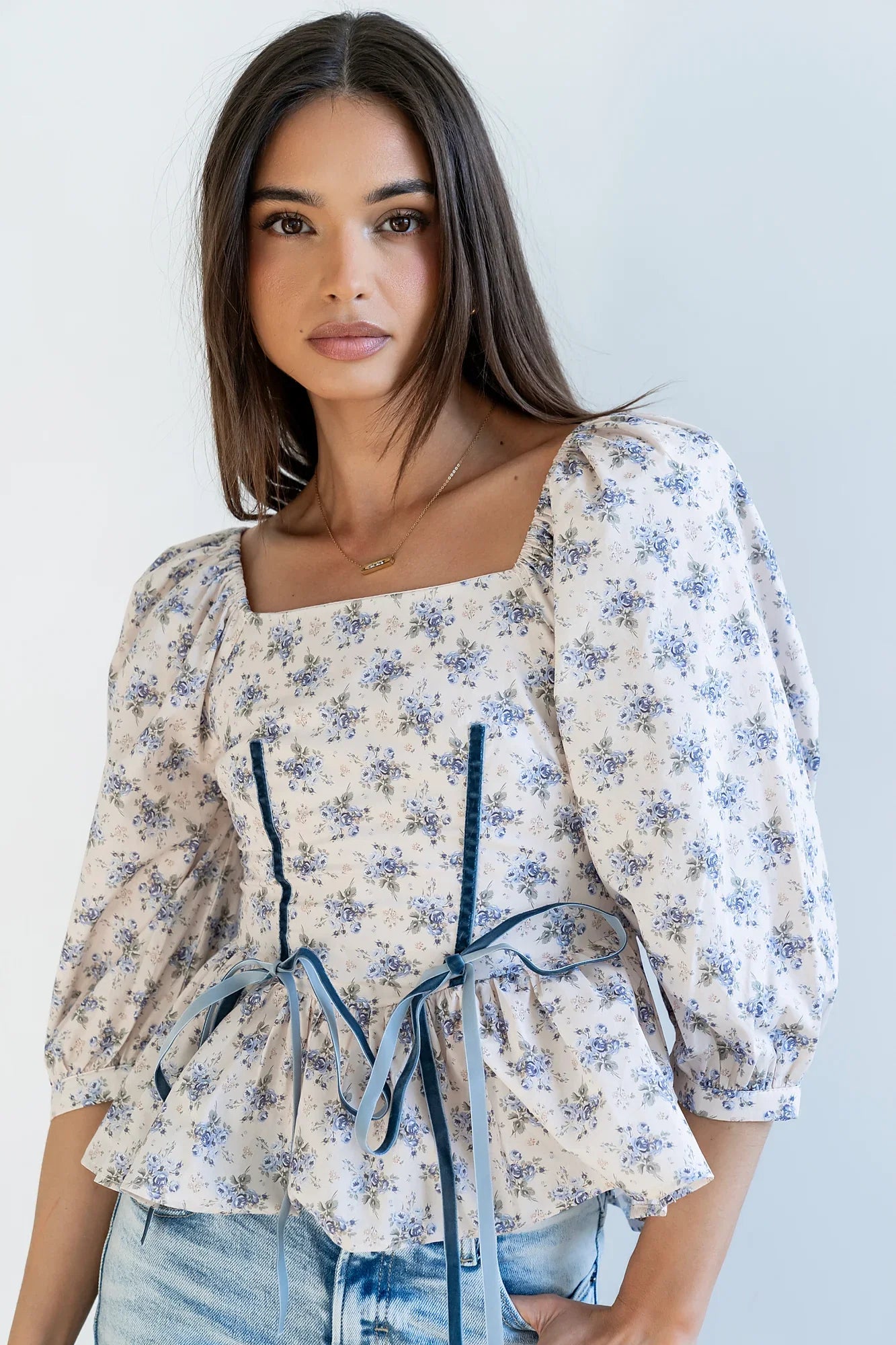 Jerzey Floral Peplum Blouse in Ecru