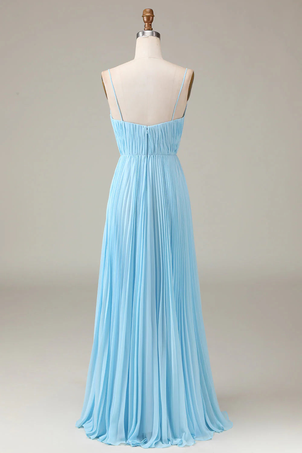 Sky Blue A Line Spaghetti Straps Pleated Chiffon Bridesmaid Dress