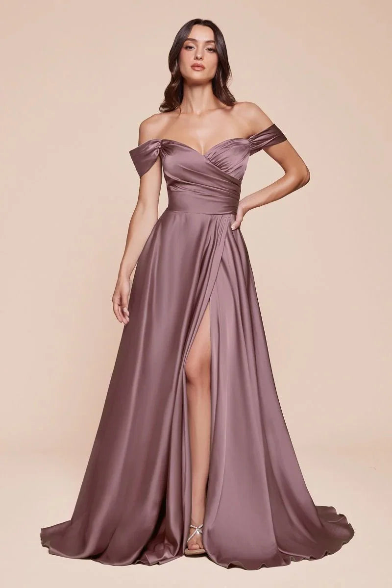 JILLIAN GOWN A LINE SOFT SATIN OFF THE SHOULDER DRESS