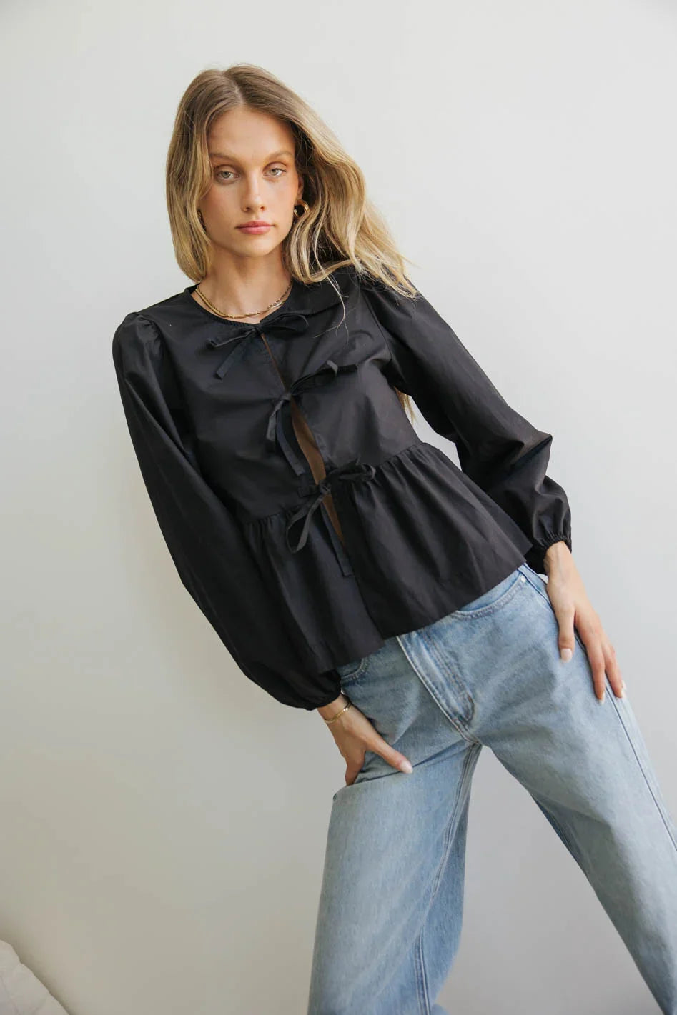 Maggie Peplum Tie Blouse in Black FINAL SALE