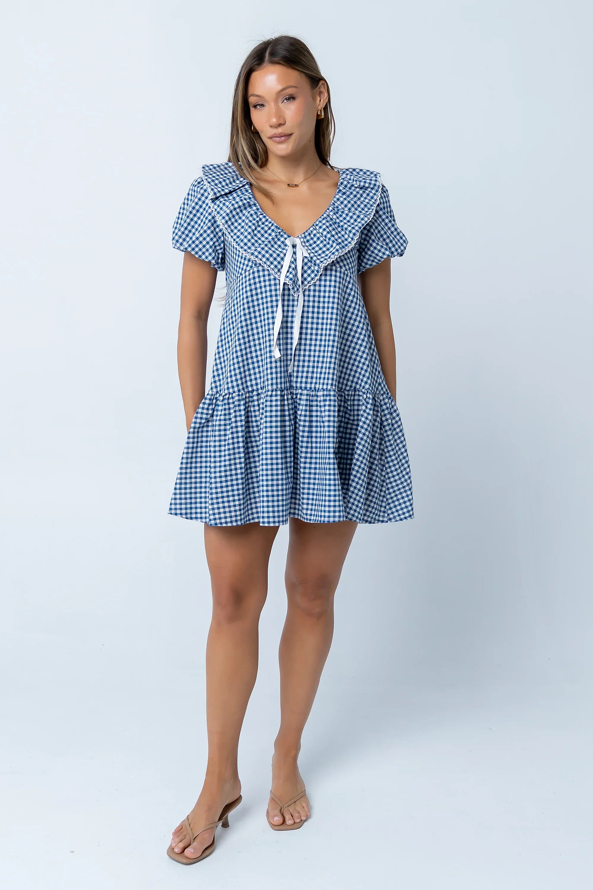 Tony Gingham Baby Doll Dress in Blue