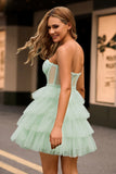 Light Green A Line Strapless Sheer Corset Tiered Short Homecoming Dress