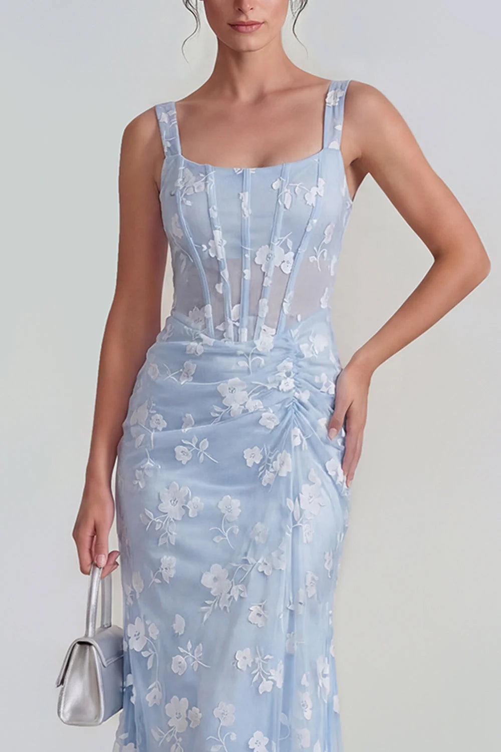 Floral Pink Ruched Mermaid Corset Wedding Guest Dress