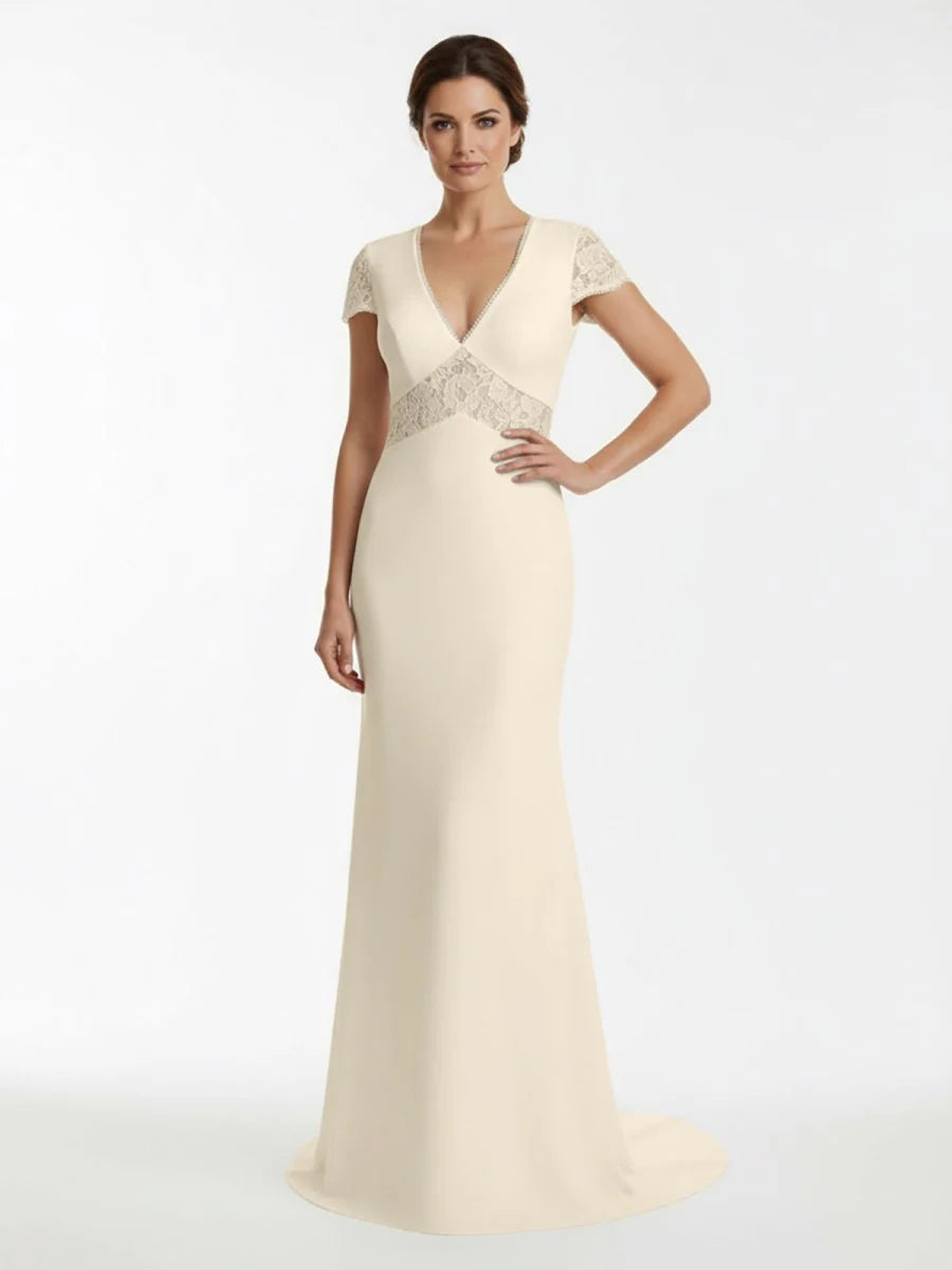 Modest Simple Sheath Short Sleeve Empire Floor Length Sweep Train Chiffon V neck Wedding Dress