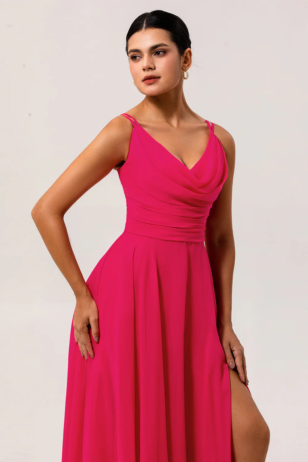 Hot Pink A Line Cowl Neck Chiffon Long Bridesmaid Dress with Slit