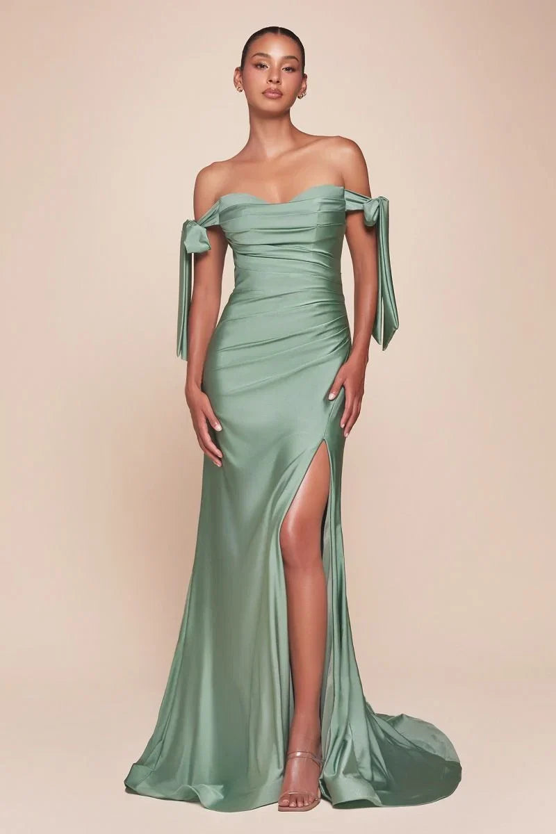 Amber Gown Off Shoulder Stretch Spandex Satin Dress With Ties