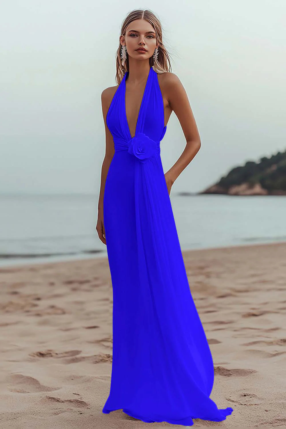 White A Line V Neck Engagement Dress With 3D Flowers