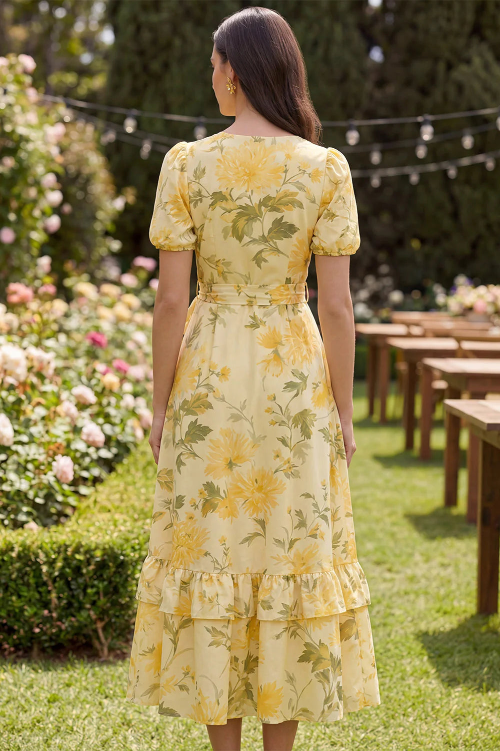 Floral V Neck Yellow Ruffled Wedding Guest Dress with Sash