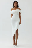 White Off the Shoulder Sheath Matte Satin Graduation Dress With Slit