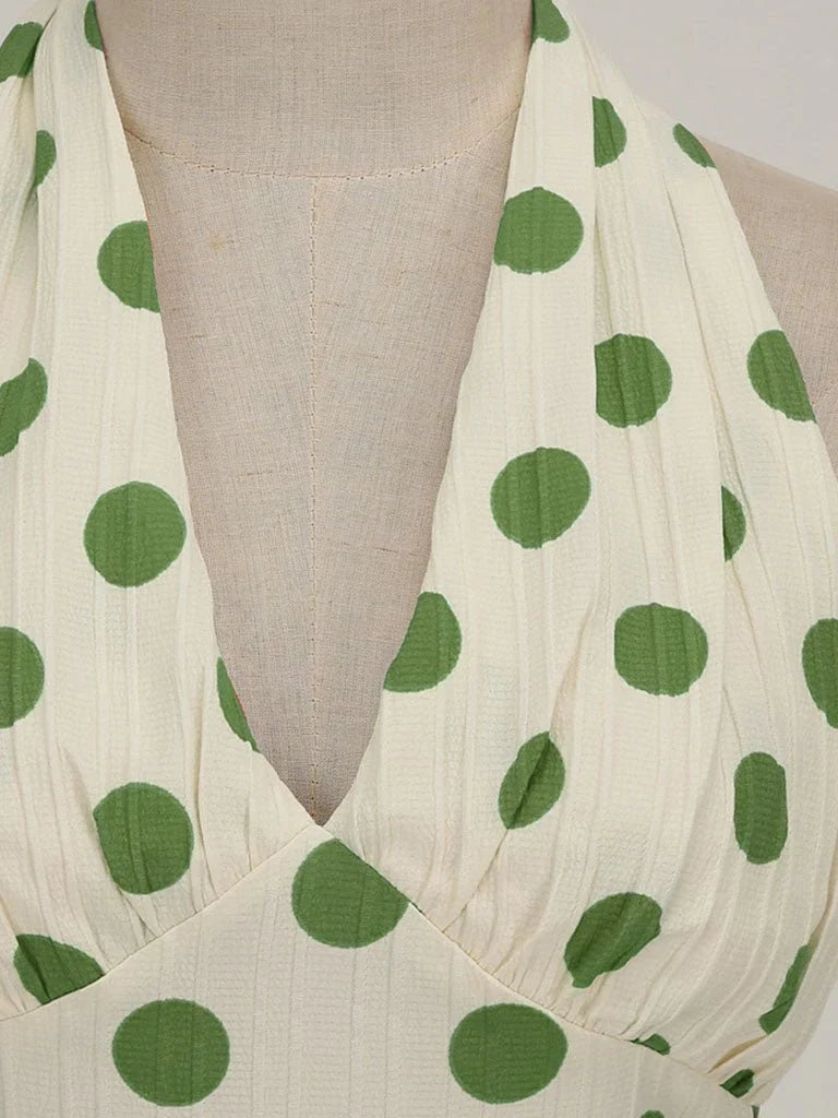 Polka Dots Halter Audrey Hepburn Style 1950S Vintage Dress With Bow Backless