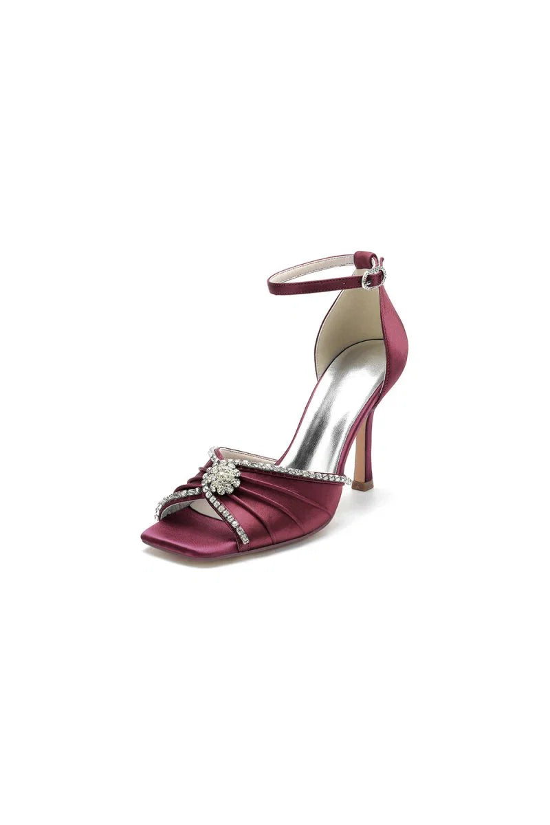 Satin Square OpenToe Stiletto Heels With Rhinestone