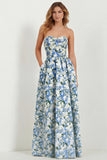 Light Blue Floral Sweetheart A Line Printed Maxi Dress with Pockets