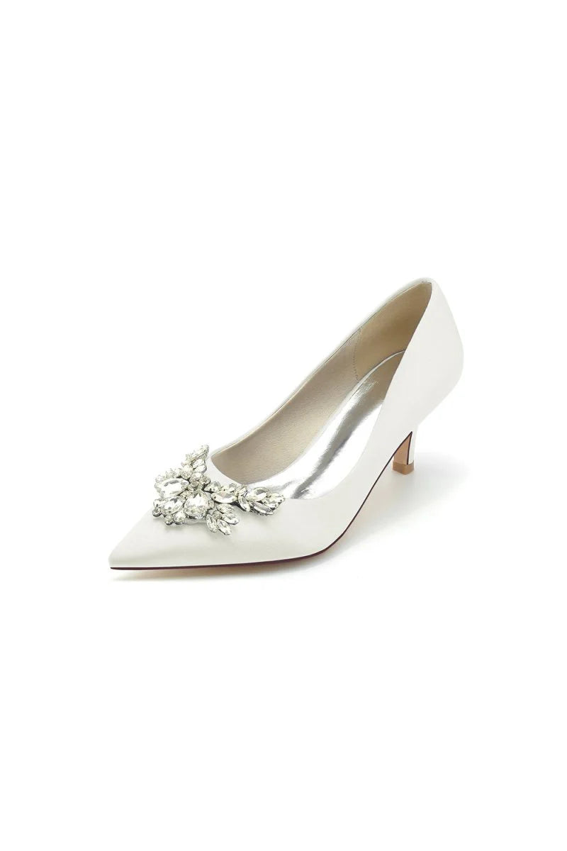Rhinestone Pointed Toe Satin Kitten Heels