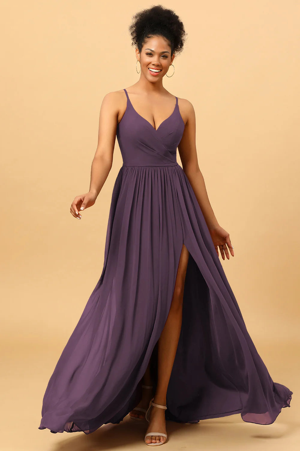 A Line Spaghetti Straps Ruched Long Chiffon Bridesmaid Dress with Slit