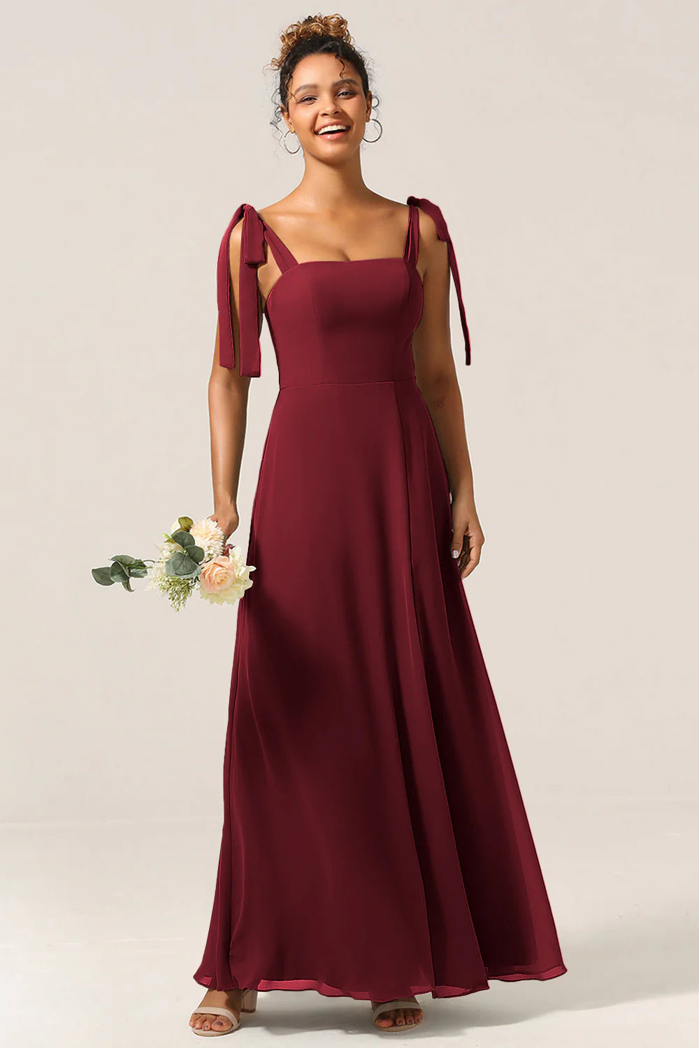 A Line Spaghetti Straps Floor Length Chiffon Bridesmaid Dress with Slit