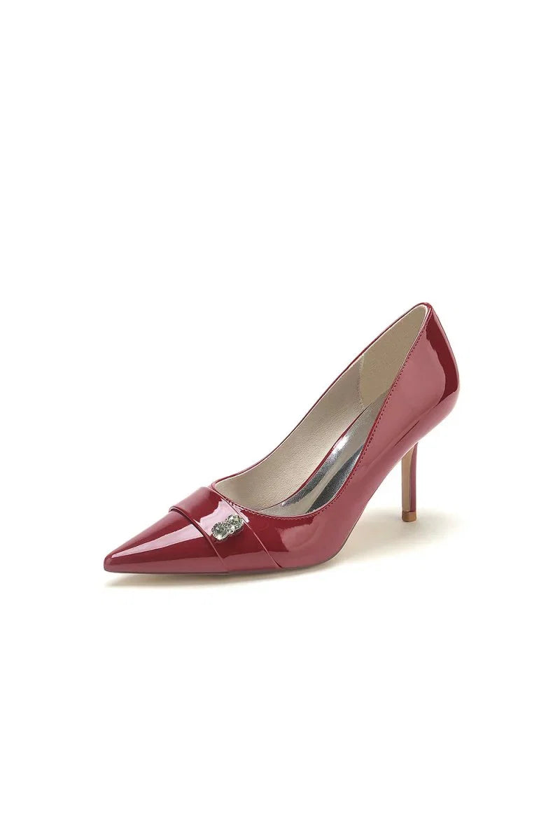 Patent Leather Rhinestone Wedding Heels Pointed Toe Stiletto Bridal Shoes